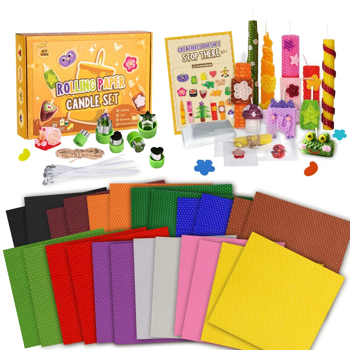 BuzzoXerex Fogli di Cera D'api, 24 Pezzi Lastre di Cera per Candele (20x 20cm), Kit Candele Fai Da Te con 6 Stampi, Kit per la Creazione di Candele in Cera D'api per Adulti e Bambini (Colorato-24-2)