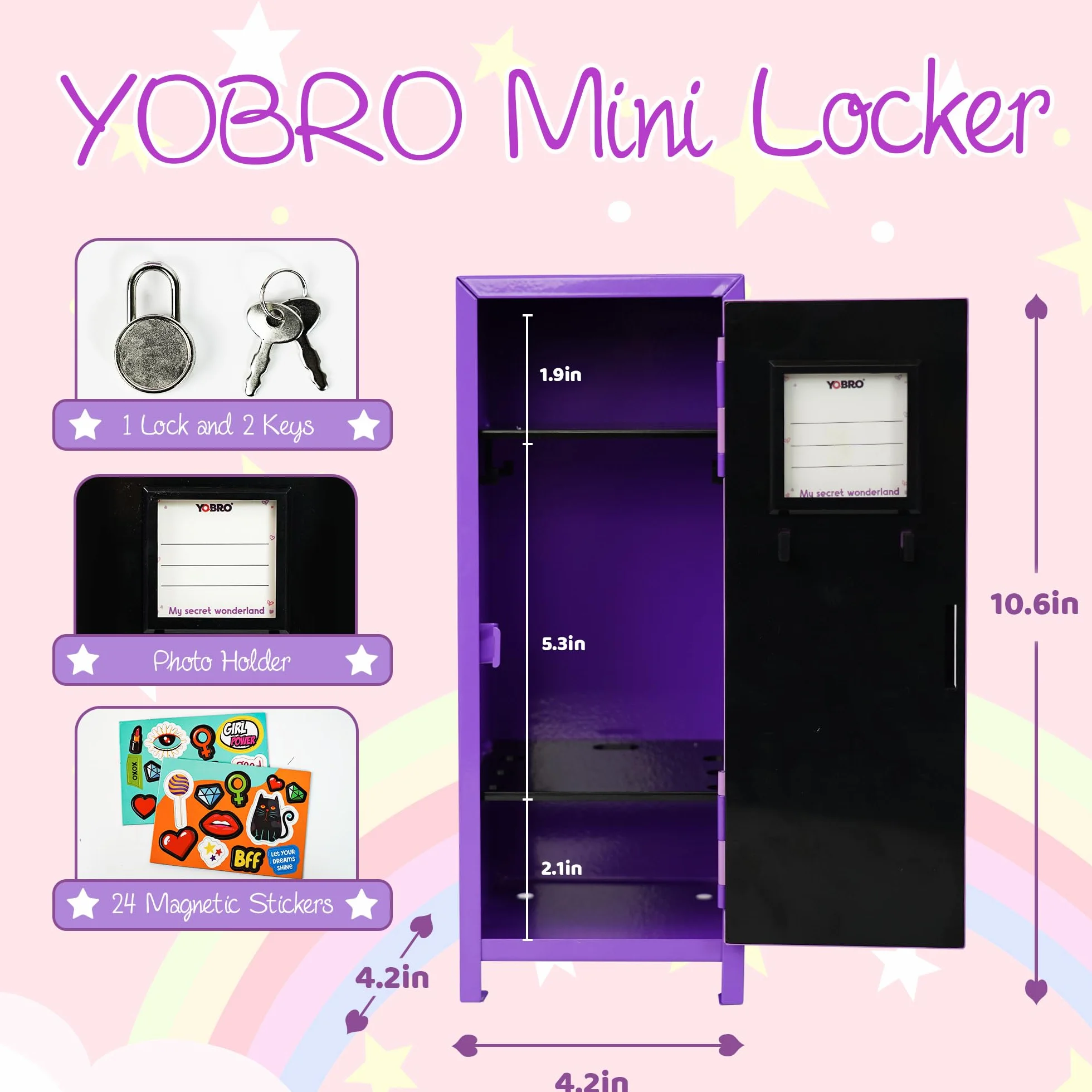 YOBRO Mini armadietto con serratura e 2 chiavi, 24 adesivi decorativi magnetici a tema ragazza, mini armadietti per bambini, armadietto in miniatura per scrivania, casa, camera da letto, viola e viola