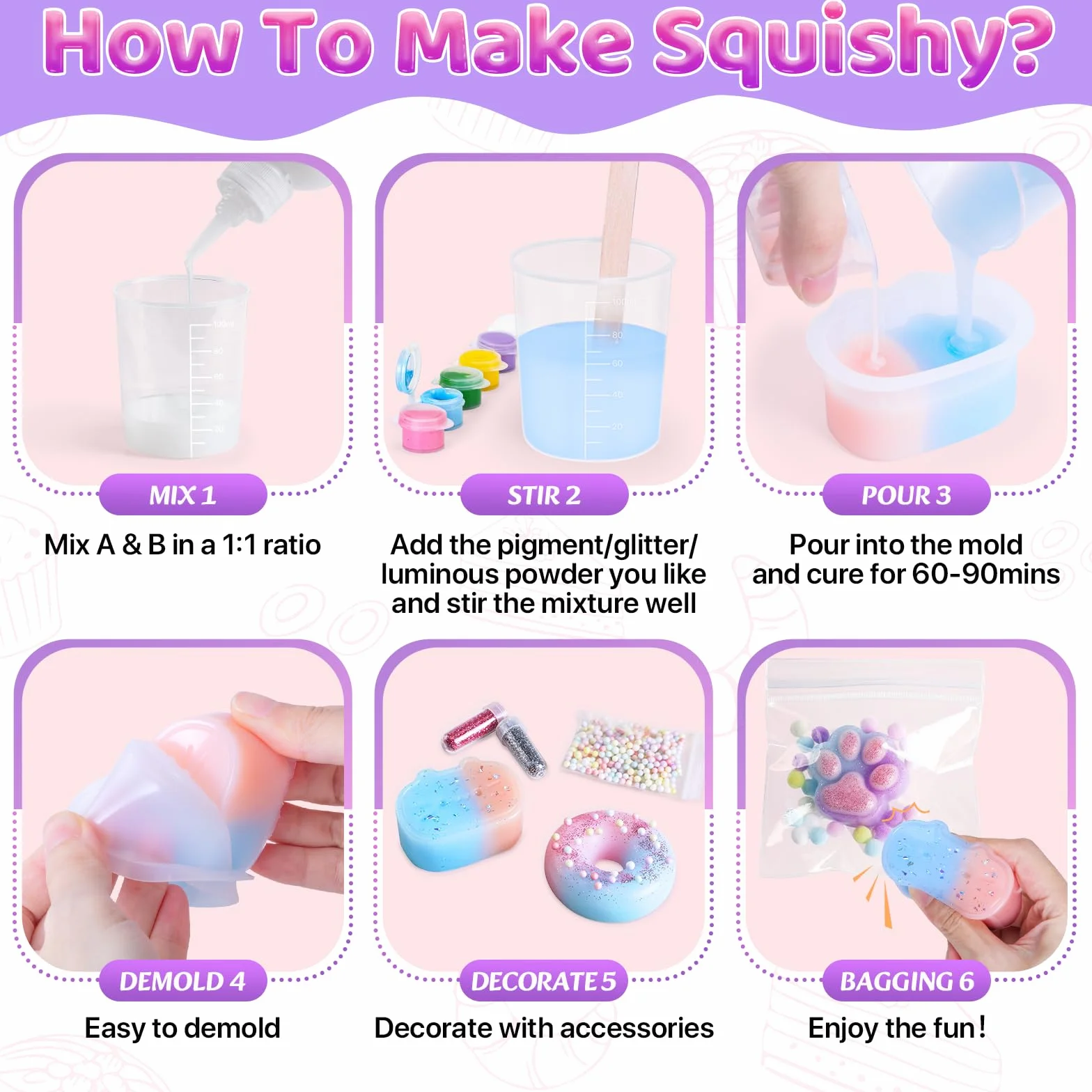 Highttoy Kit Squishy Silicone Liquido Luminosi Fai Da Te, 480ml Rapporto 1:1 AB Squishy Gomma Siliconica con 6 Stampi e Accessori, Giocattoli Sensoriali Antistress per Bambini 6+ Anni