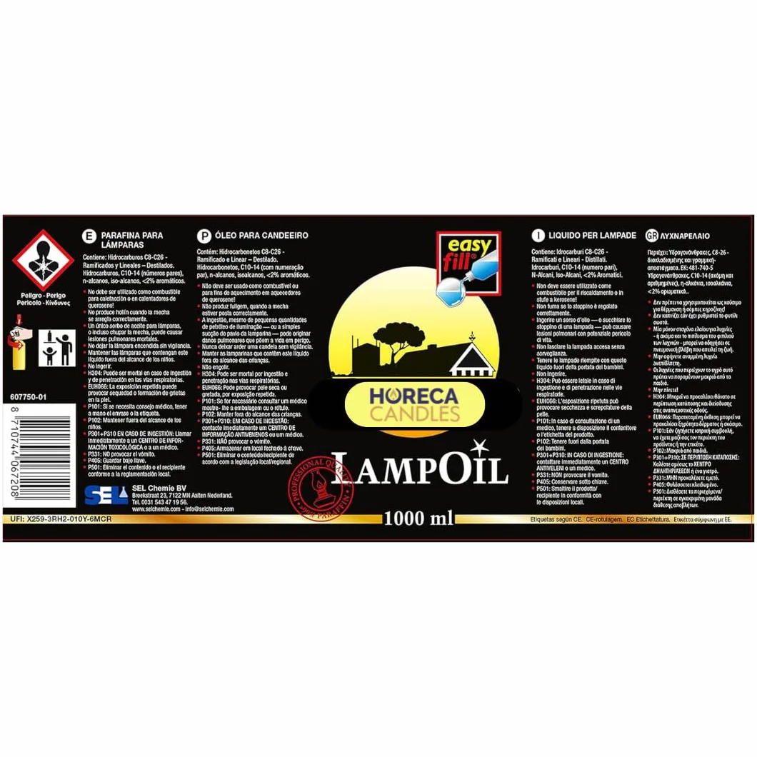 HORECA CANDLES Cera Liquida – 6x1L Olio per Lampade Senza Fumo e Senza Odore, 99% Paraffina Pura, Combustibile Sicuro per Lampade, Torce e Candele, Uso Religioso e Domestico, Lunga Durata