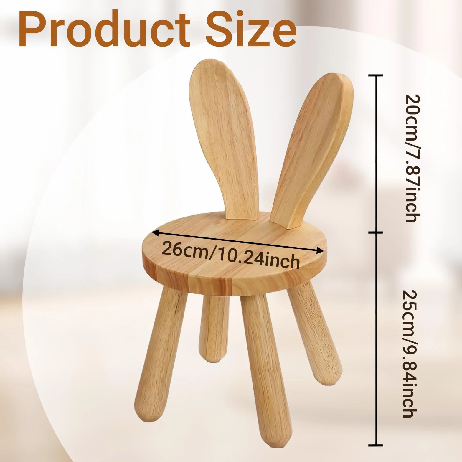 Sgabello Bambini in legno dai 3 anni in su, in legno massiccio, sedia bambini per cameretta dei bambini, 45 x 26 cm, con orecchie di coniglio, schienale per bambini, in legno, per mangiare, leggere