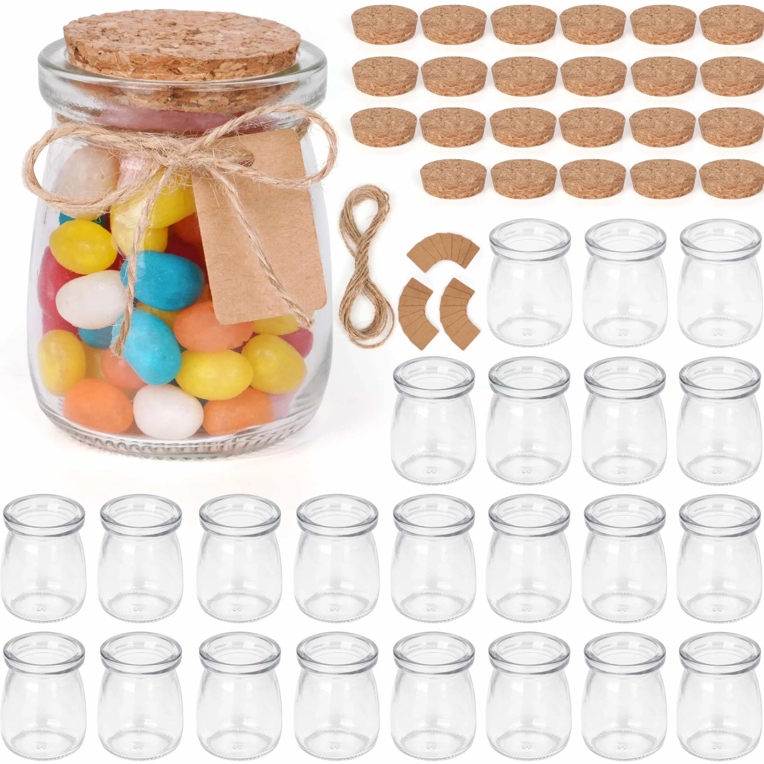 Winter Shore Barattoli di vetro piccoli da 100 ml con coperchio in sughero, confezione da 24, bottiglie di vetro per alimenti, con sughero, spago ed etichette, per caramelle, yogurt, miele, candele