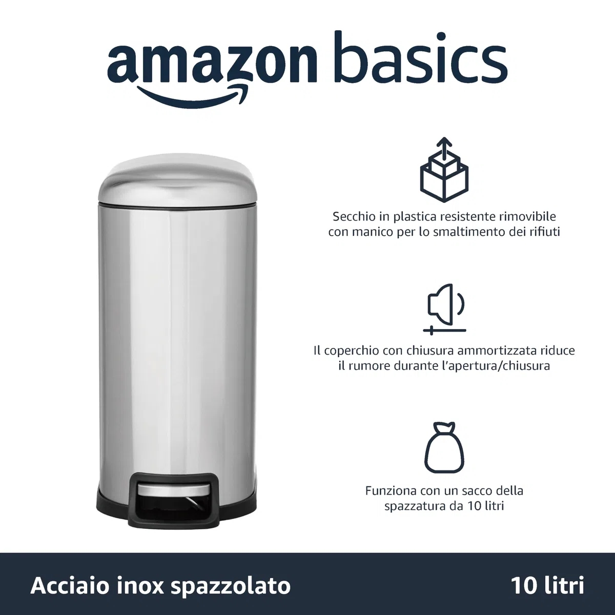 Amazon Basics Pattumiera a D, piccola, antimacchia, con pedale a chiusura ammortizzata, per bagno, camera da letto o soggiorno,sottile per spazi stretti, 10 l,in acciaio inox spazzolato, 2.6 gallons