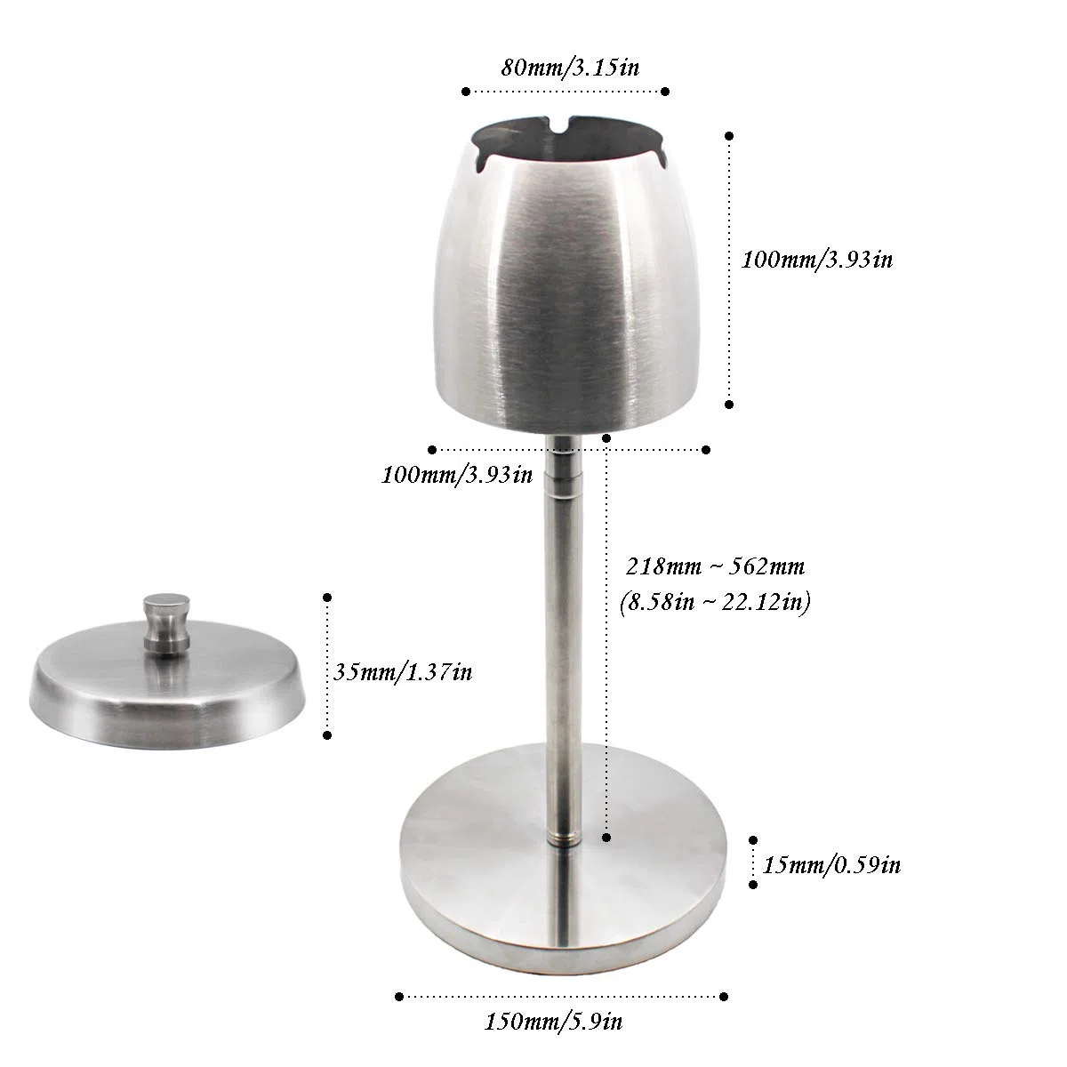 Posacenere telescopico antivento da pavimento, in acciaio inox, regolabile in altezza, infrangibile, con base antiscivolo, per esterni, casa, ufficio, facile da pulire, 600 ml