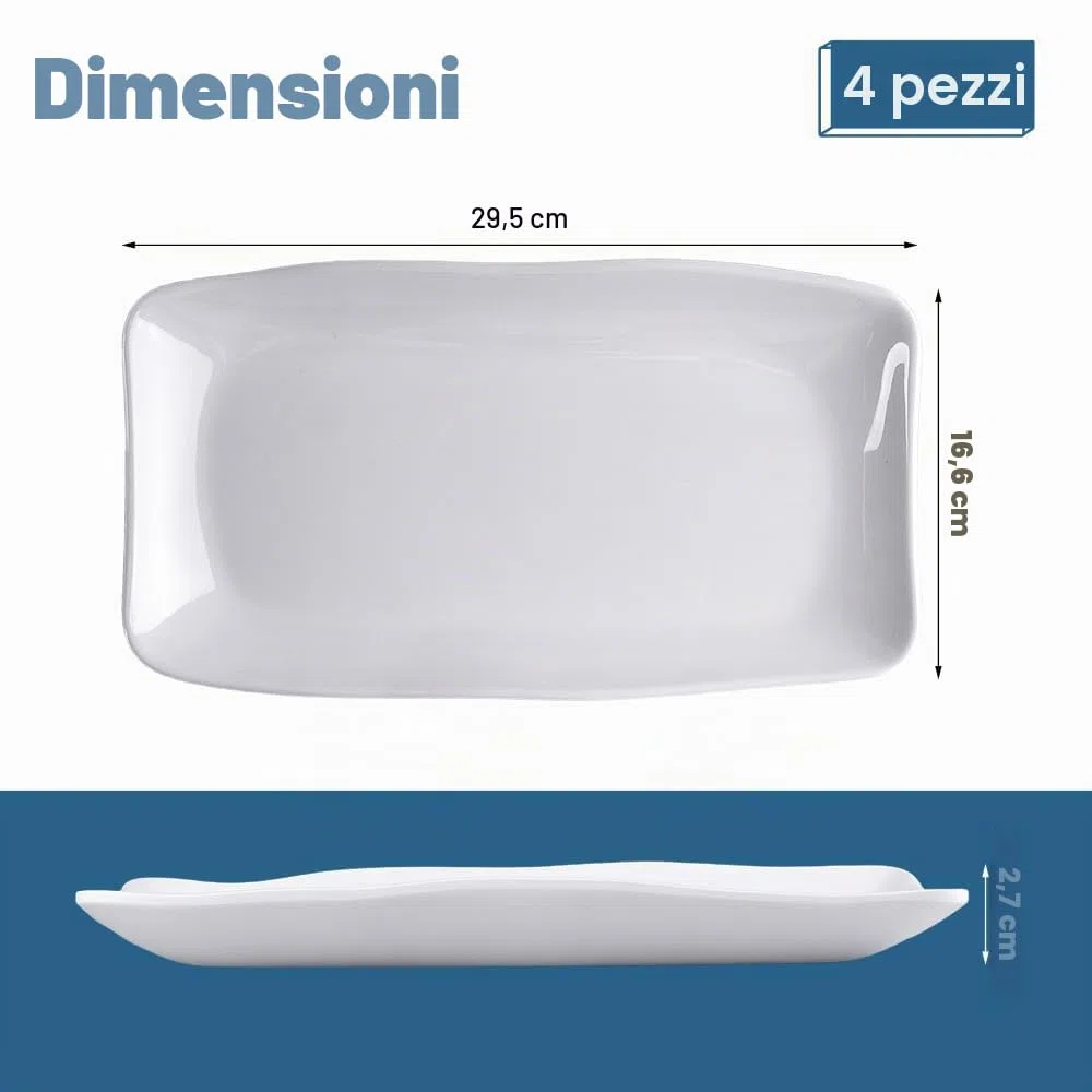 Set di 4 Piatto Rettangolare Bianco Vassoio Antiscivolo Rettangolare 29,5x16,6x2,7cm Piccoli Piatti Rettangolari per Antipasti a Casa, Buffet, Sushi, Torte