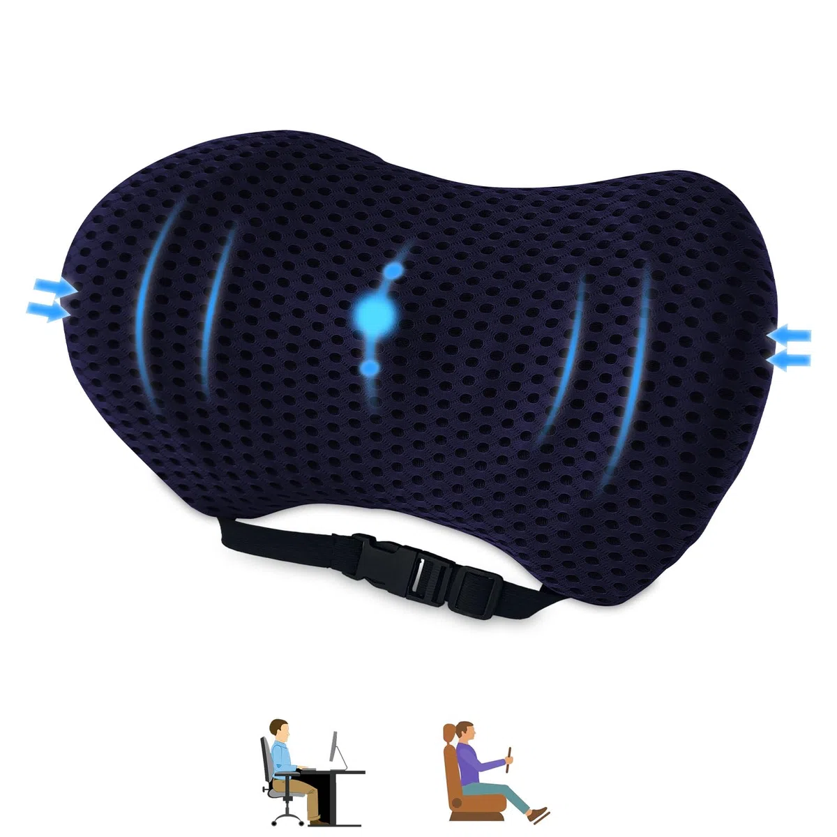 Cuscino Lombare per Auto,Cuscino Posteriore in Memory Foam per Seggiolino,Cuscino di Supporto Lombare Regolabile,Ridurre La Pressione Lombare per la Casa,Ufficio,Auto (Blu navy)