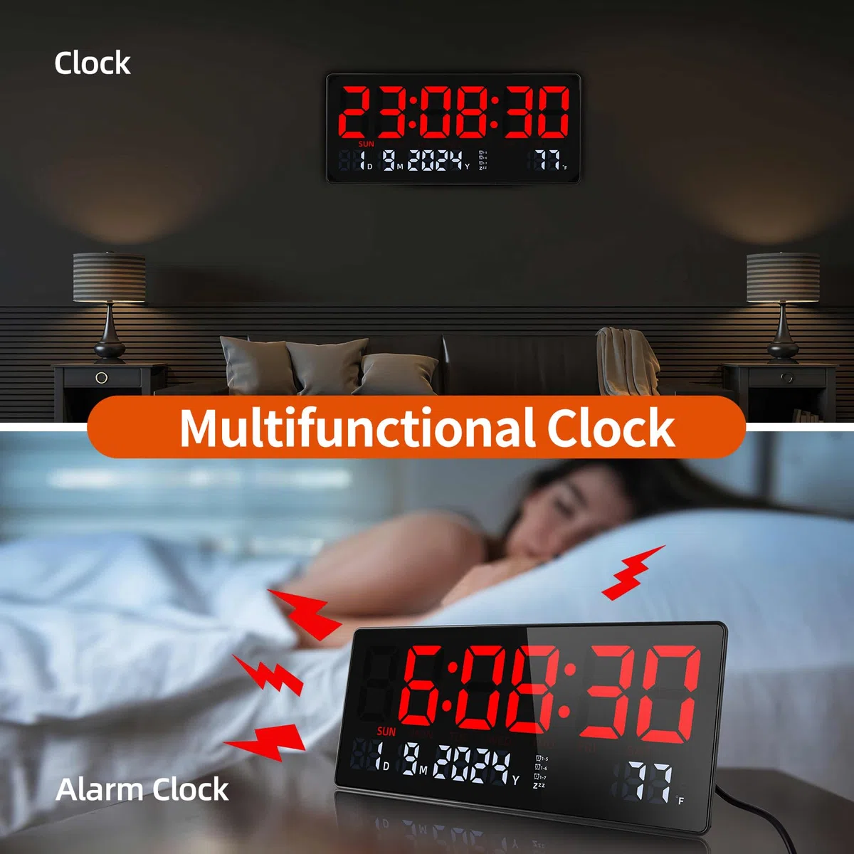 Fuloon Orologio da Parete Digitale, 15.5" Grande LED Orologio da Parete Digitale con Calendario, Secondi, Temperatura, Data, Settimana, LED Sveglia da Tavolo con Supporto per Soggiorno Cucina Ufficio