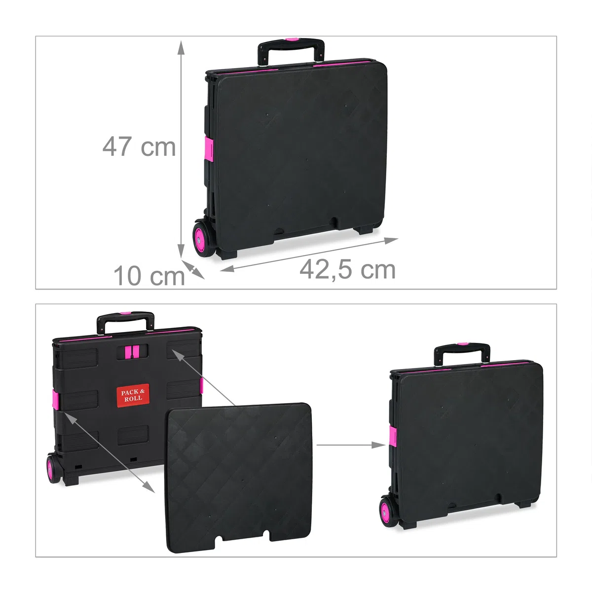 Relaxdays Carrello per la Spesa Pieghevole, 50 L e 35 kg Max. con Manico Telescopico, Trolley Portaspesa, Rosa Nero