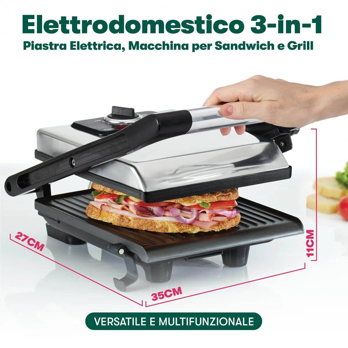 bella Pressa per Panini, Tostapane e Griglia Elettrica da Interno con Piastre Doppie Antiaderenti, Coperchio Regolabile in Altezza e Vassoio di Raccoglimento Rimovibile, Acciaio Inossidabile