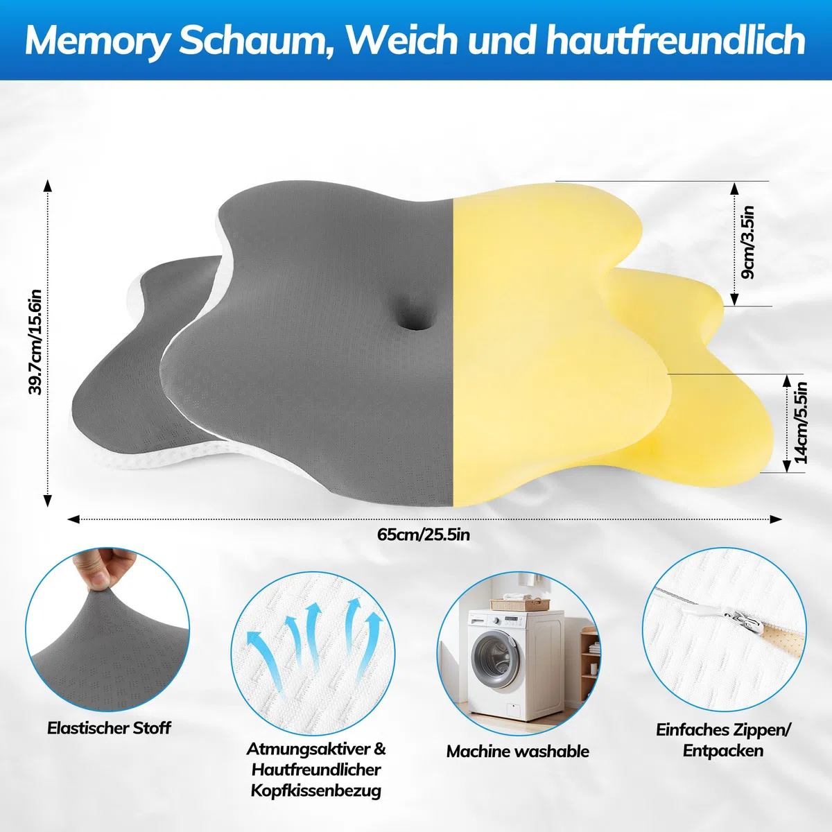 Cuscino Cervicale per Dormire, Cuscino Ergonomico in Memory Foam per Dolori al Collo e Spalle, Cuscino Ortopedico per Chi Dorme sul Fianco, Sulla Schiena e Sullo Stomaco con Fodera Rimovibile