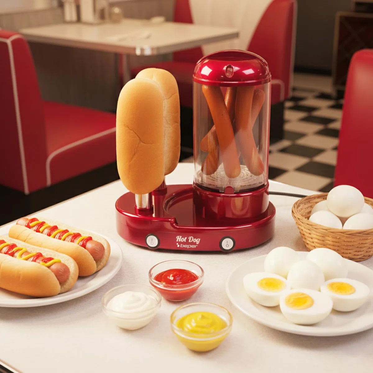 BEPER P101CUD502 Macchina per Hot Dog e Cuociuova 3in1, Cuocitore a Vapore per Wurstel e Uova, Scaldapane con 2 Aste in Acciaio Inox, 440W, Doppio Interruttore