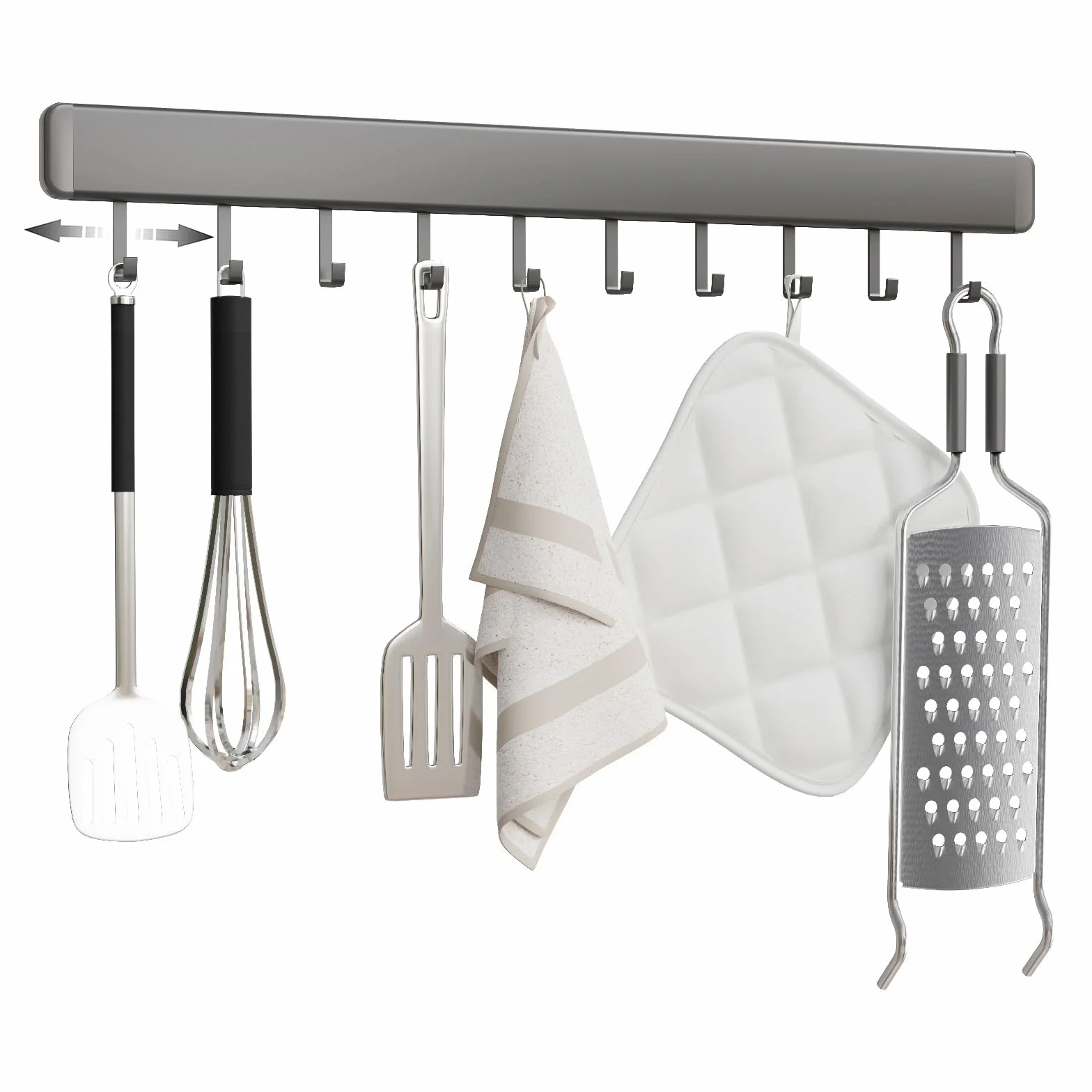 Porta Utensili da Cucina Parete Adesivo, 50cm Barra Portautensili Cucina con 10 Gancio, Barra per Gadget Alluminio per Cucina e Bagno, Grigio