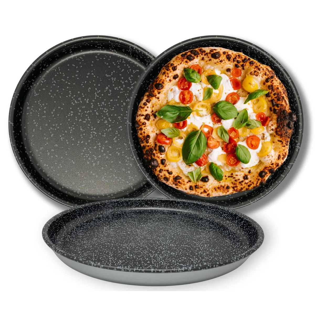NAMAI - Set 3 Teglie Per Pizza, 32CM Diametro, Alluminio Antiaderente, Adatte In Lavastoviglie, Effetto Pietra, Teglia Forno, Made In Italy (SET TEGLIE PIZZA, SET 3 TEGLIE)