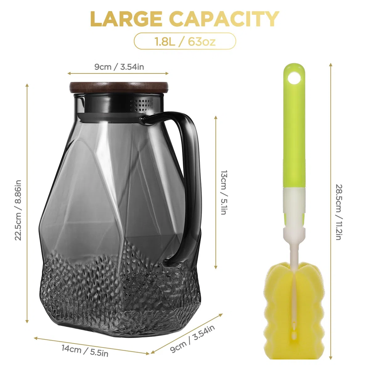 ecooe Caraffa in Vetro 1.8L per Porta del Frigorifero, Nero con Coperchio, Trasparente Brocca Acqua per Tè Freddo, Caffè, Latte, Succo, Acqua Calda e Fredda