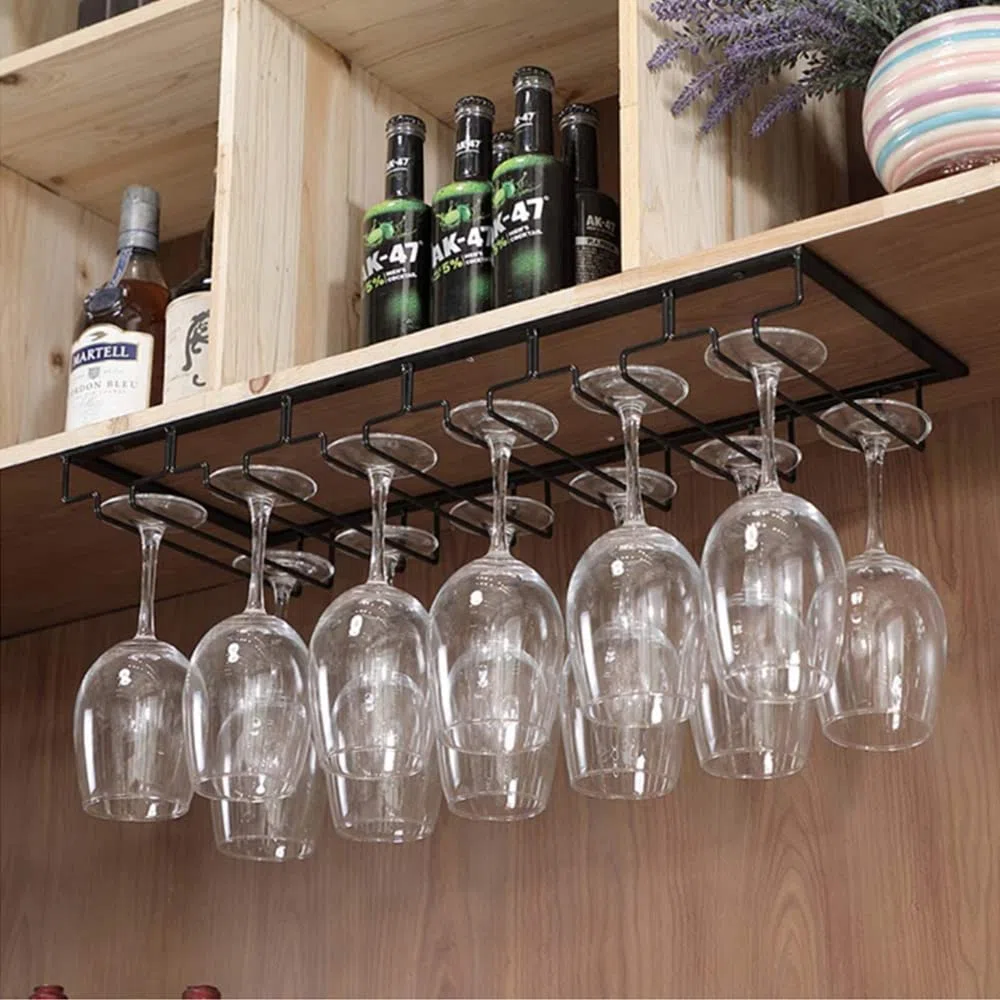 Supporto per bicchiere da vino in metallo con 6 binari, portabicchieri sospeso per cucina da bar (nero)