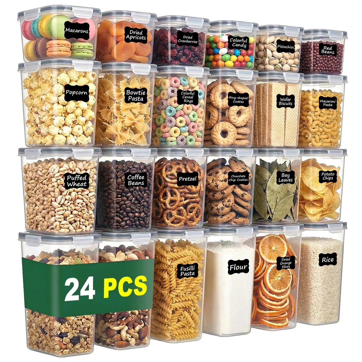 Contenitori ermetici per alimenti con coperchio, 24 pezzi, contenitori cucina impilabili senza BPA, barattoli per conservazione di farina, riso, pasta e cereali, per dispensa e organizzazione cucina