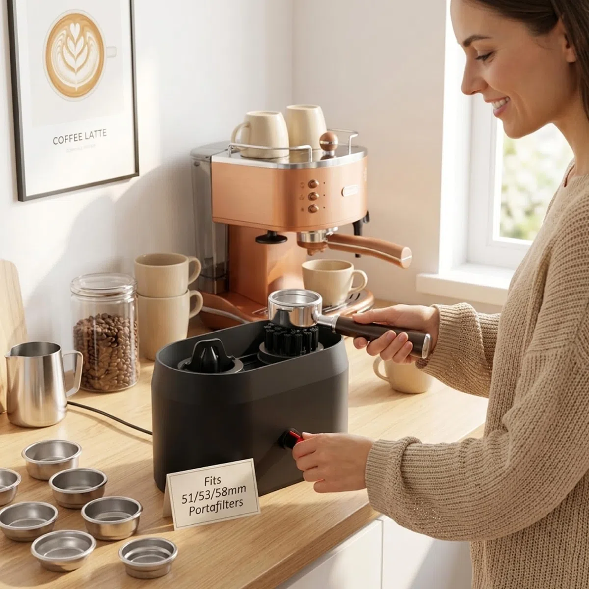 Pulitore portafiltro automatico, kit di pulizia portafiltro per caffè con spazzola dedicata e supporto stabile per portafiltri Espresso
