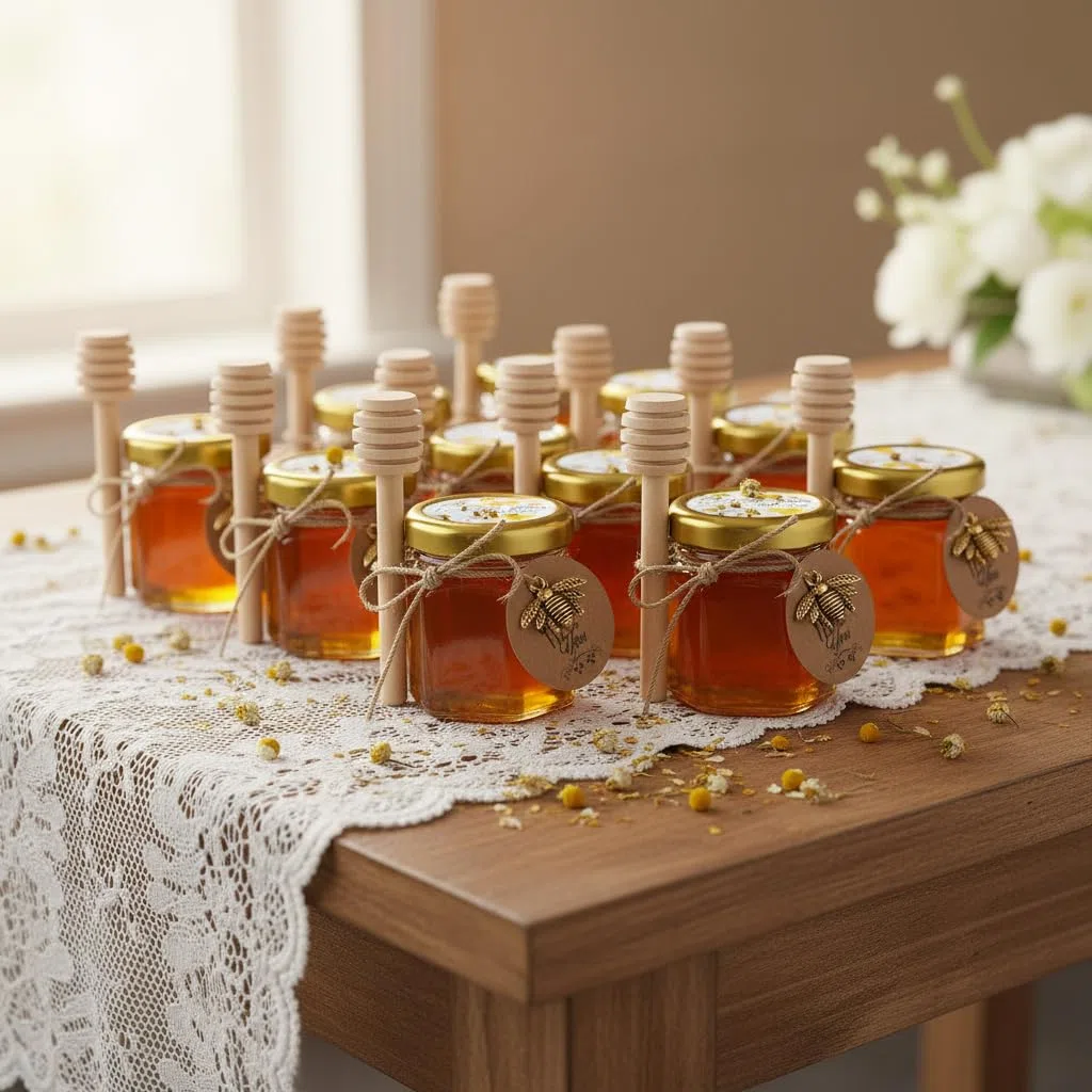 Vasetti Miele, Piccoli Barattoli Bomboniere Ber la Comunione, Contenitori per miele Bomboniere, Barattolini Miele Sacchetti Organza per Natale Battesimo, 20 Pezzi 45ml