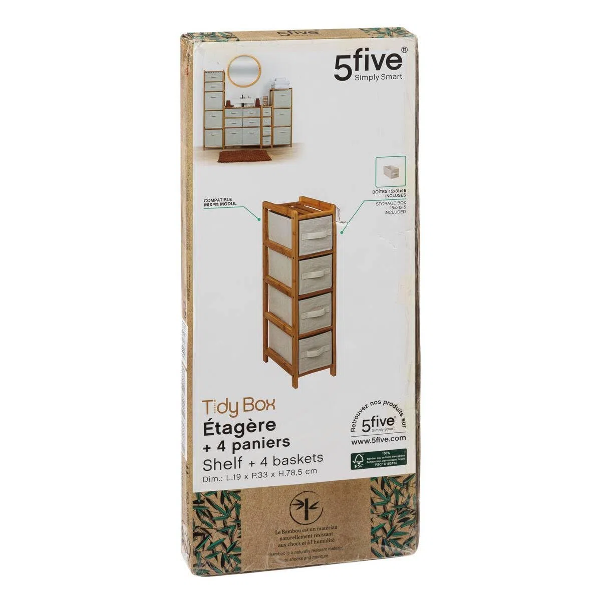 5five - scaffale sottile con 4 cestini tidy box in bambù
