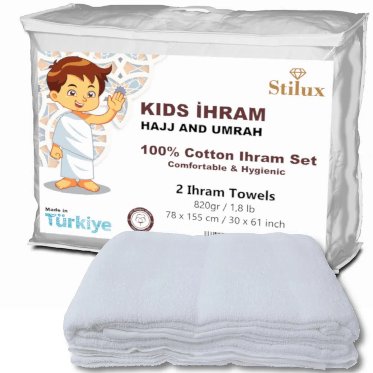 Set per bambini Ihram Ehram Ahram per Hajj e Umrah, 820 g, 2 asciugamani bianchi 78 x 155 cm, 100% cotone naturale, igienico, comodo e ad asciugatura rapida