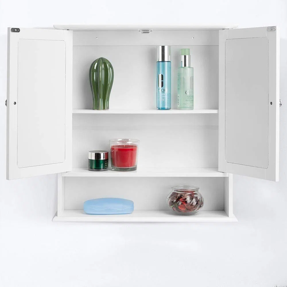 BAKAJI Mobiletto Specchiera Bagno Armadietto a Muro 3 Ripiani in Legno MDF Doppia Anta a Specchio con Apertura Centrale Dimensione 56 x 13 x 58 cm (Bianco Specchio)