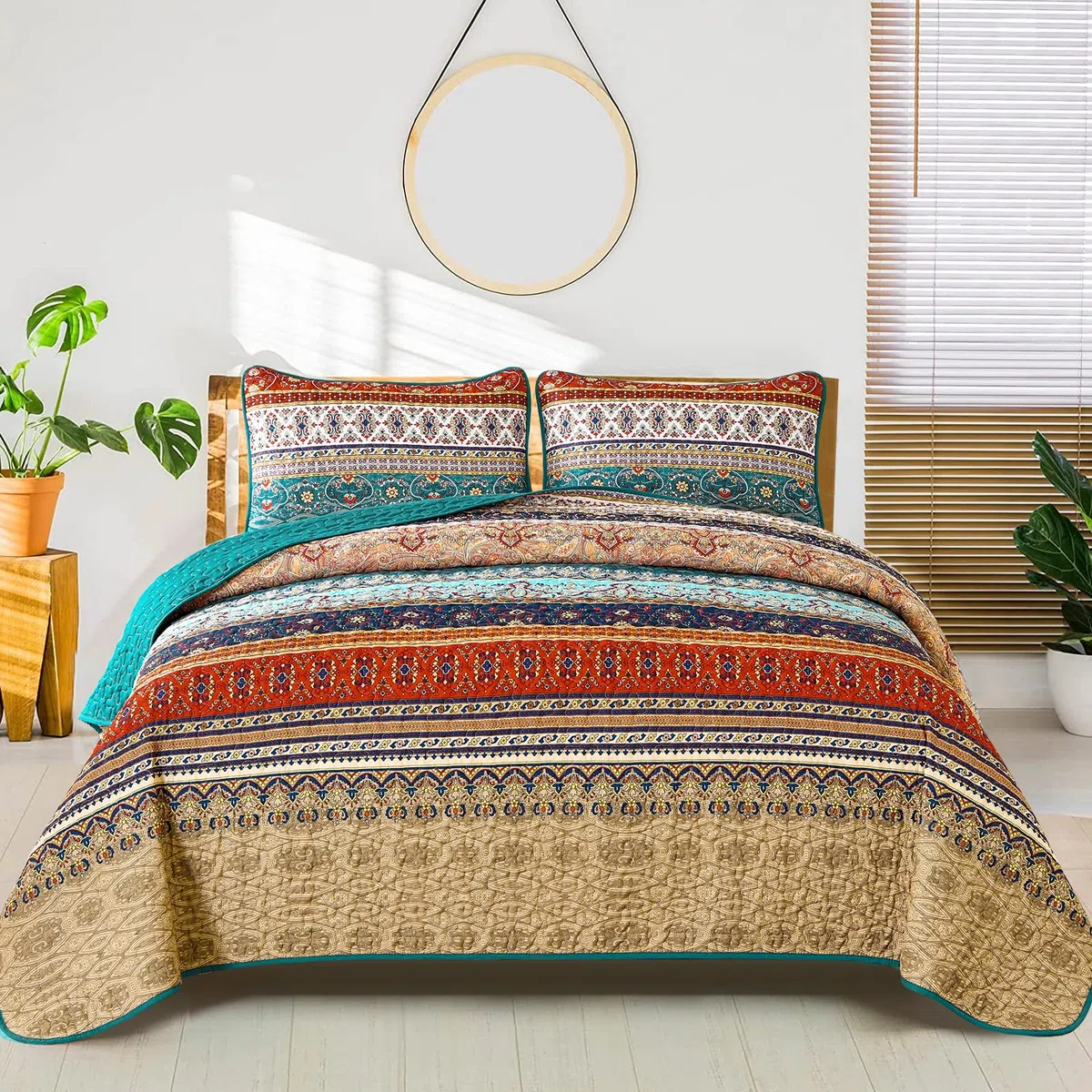 WONGS BEDDING Copriletto 220 x 240 cm, copriletto bohémien, 3 pezzi, per letto matrimoniale, in microfibra, con 2 federe da 50 x 75 cm, per camera da letto, divano, colore: marrone