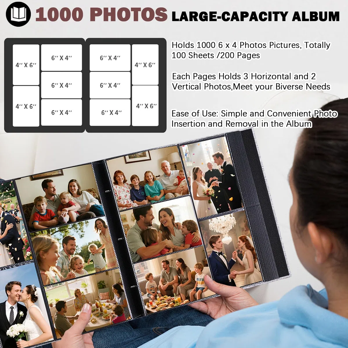 Album fotografico con capacità extra grande per 1000 foto 10x15 cm,cmcopertina in lino con finestra anteriore, libro fotografico ideale per famiglia, matrimoni, anniversari e vacanze (Grigio)