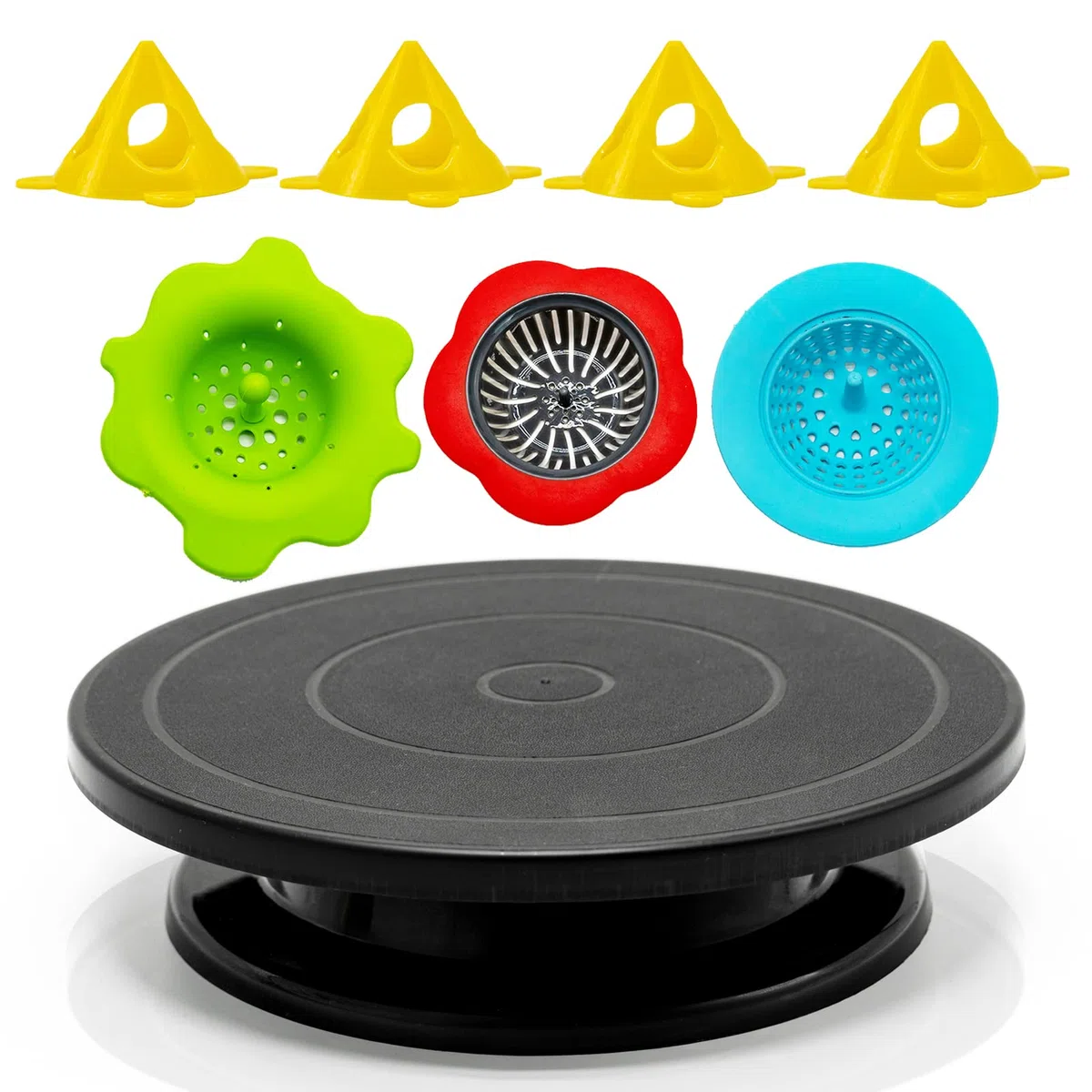 Giradischi girevole da 28 cm per scolpire la torta, girevole nero, per pittura a spruzzo di vernice, con supporti di supporto in tela a cono e 3 filtri per versare in acrilico