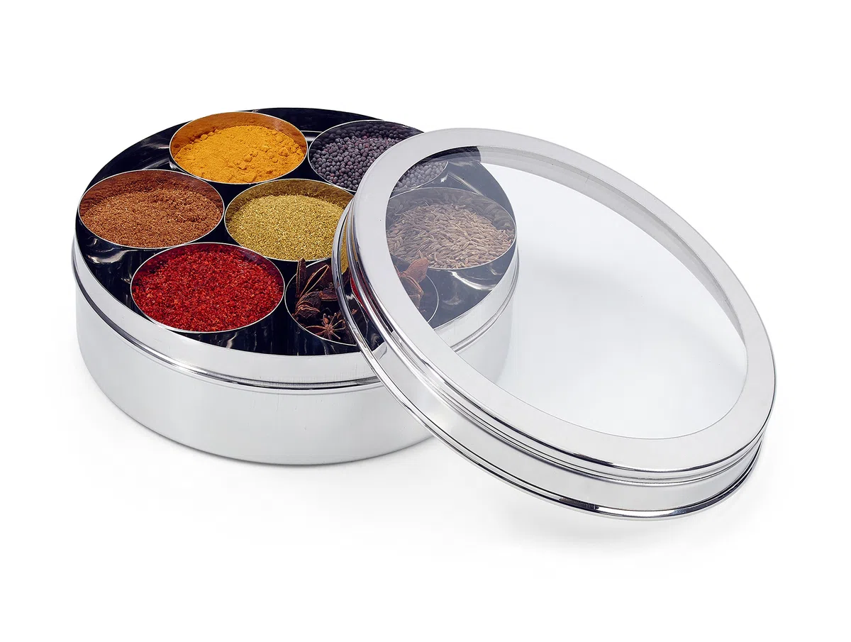 Scatola per spezie/Masala Dabba con 7 compartimenti e Coperchio Trasparente, in Acciaio Inox, 24 cm