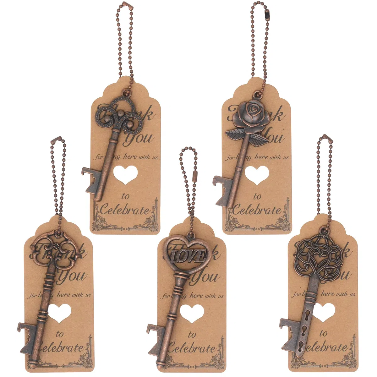 Aokbean 100 Pezzi Chiave Apribottiglie Vintage Portachiavi Matrimonio Bomboniera Anniversario con Biglietto di Ringraziamento e Catenina per Compleanno, Battesimo, Feste, Lauree (rame anticato)