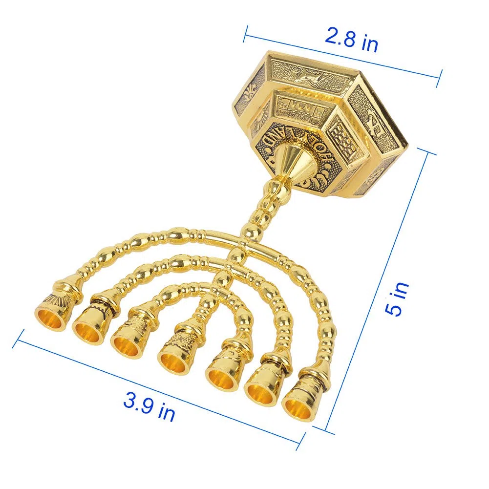 BRTAGG Menorah Candeliere ebraico, 12 tribù d'Israele, 7 rami, altezza 13 cm, oro