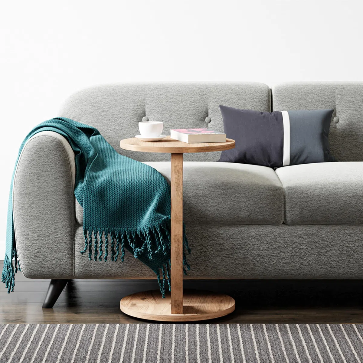 [en.casa] Tavolino da Divano (AxØ) 56 x 38 cm Tavolino Basso a Forma di C - Consolle con 4 Rotelle e Piano Rotondo - Effetto Legno