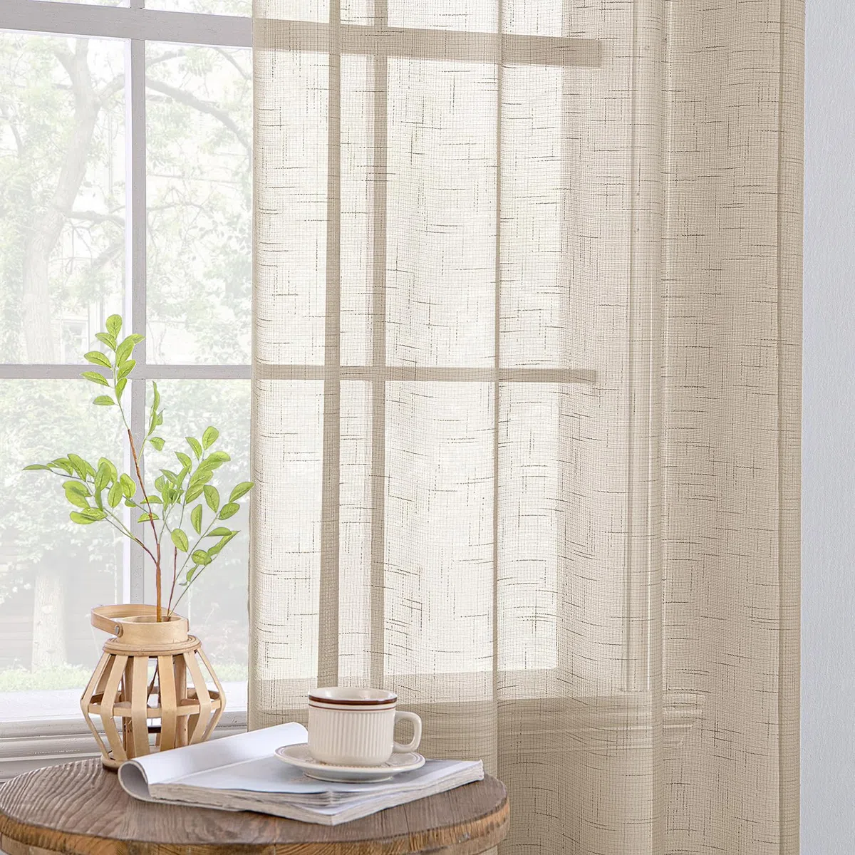 EMEMA Set di 2 tende in voile trasparenti in lino con occhielli, per soggiorno moderno, tenda decorativa per camera da letto, con occhielli, 140 x 260 cm (B x H) beige
