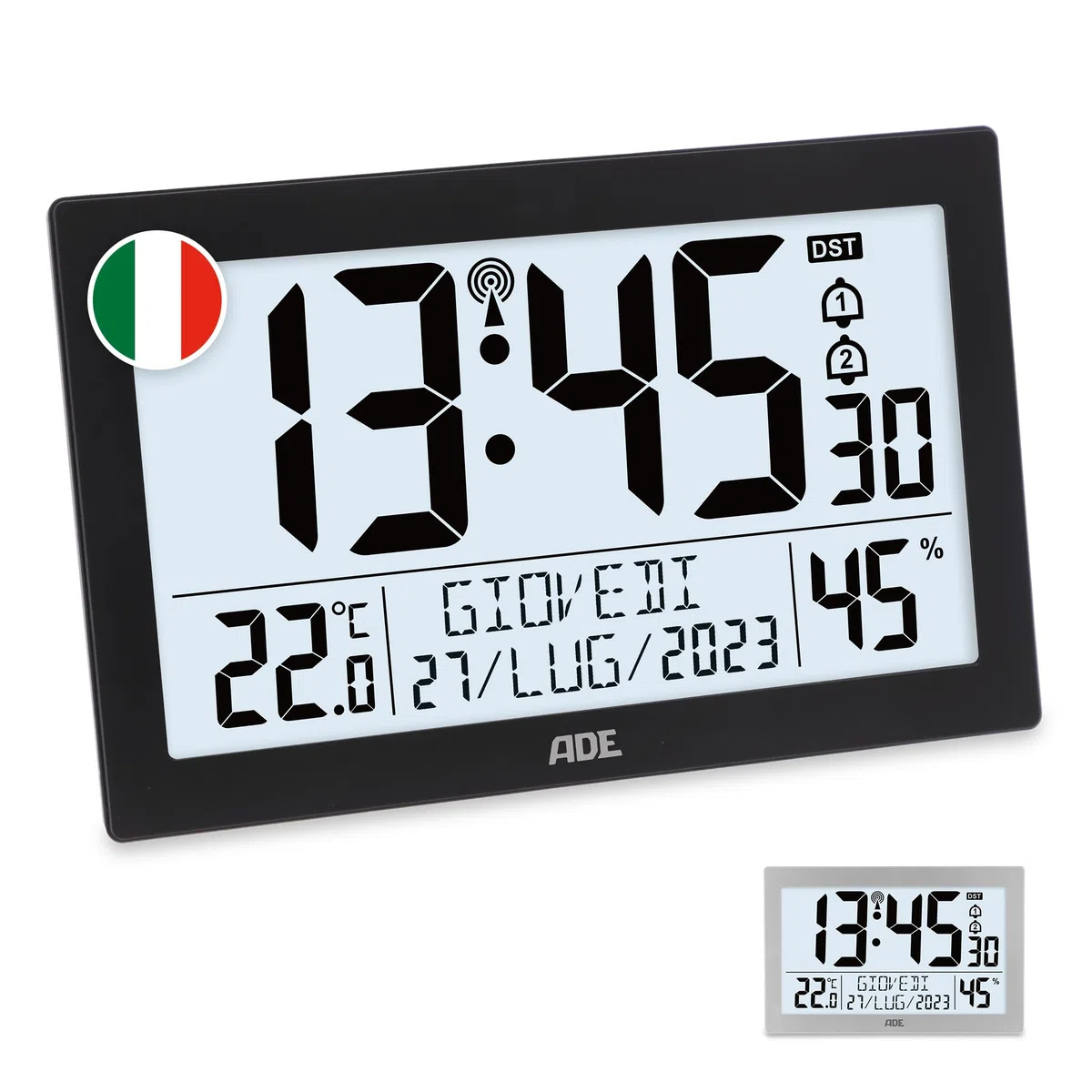 ADE Orologio digitale da tavolo o parete radiocontrollato | display XL | sveglia da comodino grande moderna | grandi numeri | con termometro e igrometro | perfetto per la cucina | nero