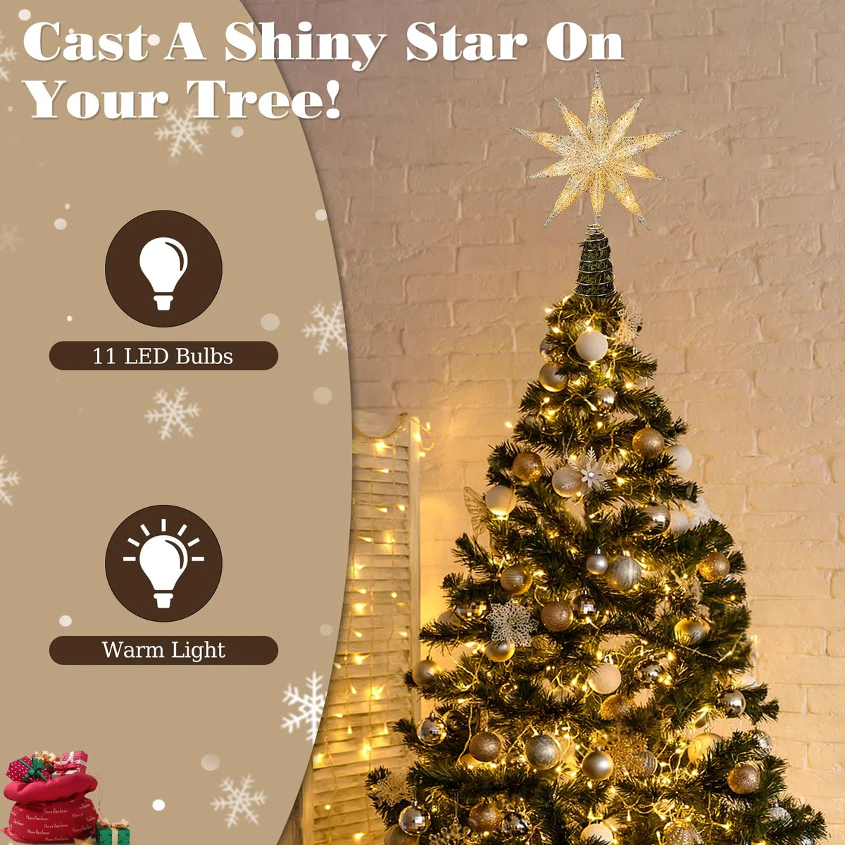 Lewondr Stella Cima per Albero di Natale,13" Stella Natalizia a 10 Punte Illuminata con Alimentazione a Presa e Telecomando per Decorazioni Natalizie,Timer 6H&8 Modalità Illuminazione, Luce Calda