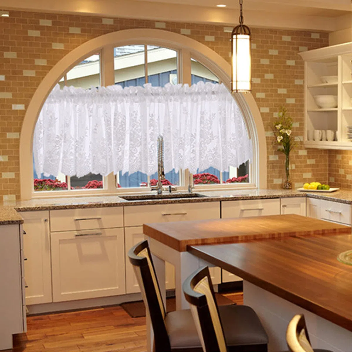 Betos Tende corte metà, pizzo piccola finestra Voile tende cucina Cafe Mezza Tenda Valance per Cafe Cucina Bagno Finestra Tenda (2 pannelli 74 * 90 CM-Bianco)