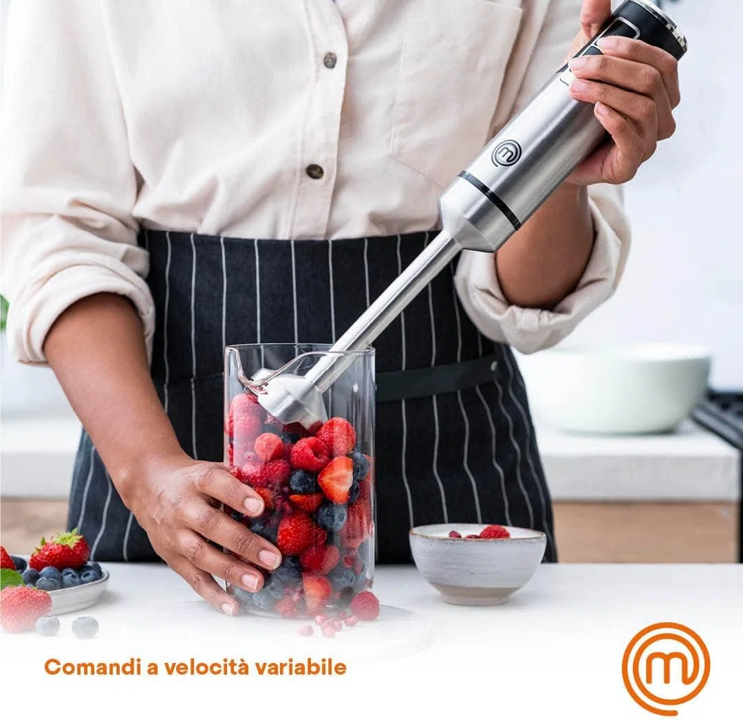 MasterChef Frullatore a Immersione, Minipimer 3 in 1 con Montalatte Elettrico e Frusta, per Zuppa, Cappuccino e altro, Frullino Multifunzione in Acciaio Inox, 400w