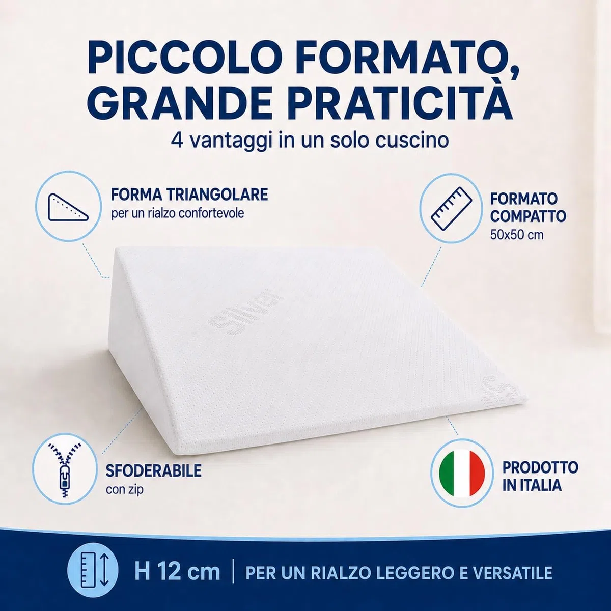 Cuscino Triangolare Antireflusso e Sostegno Gambe | Alza Materasso per Migliorare Respiro Notturno | Ideale per Gravidanza e Circolazione, Bianco, Unica, Poliestere, cm. 50x50 alto circa 12 cm
