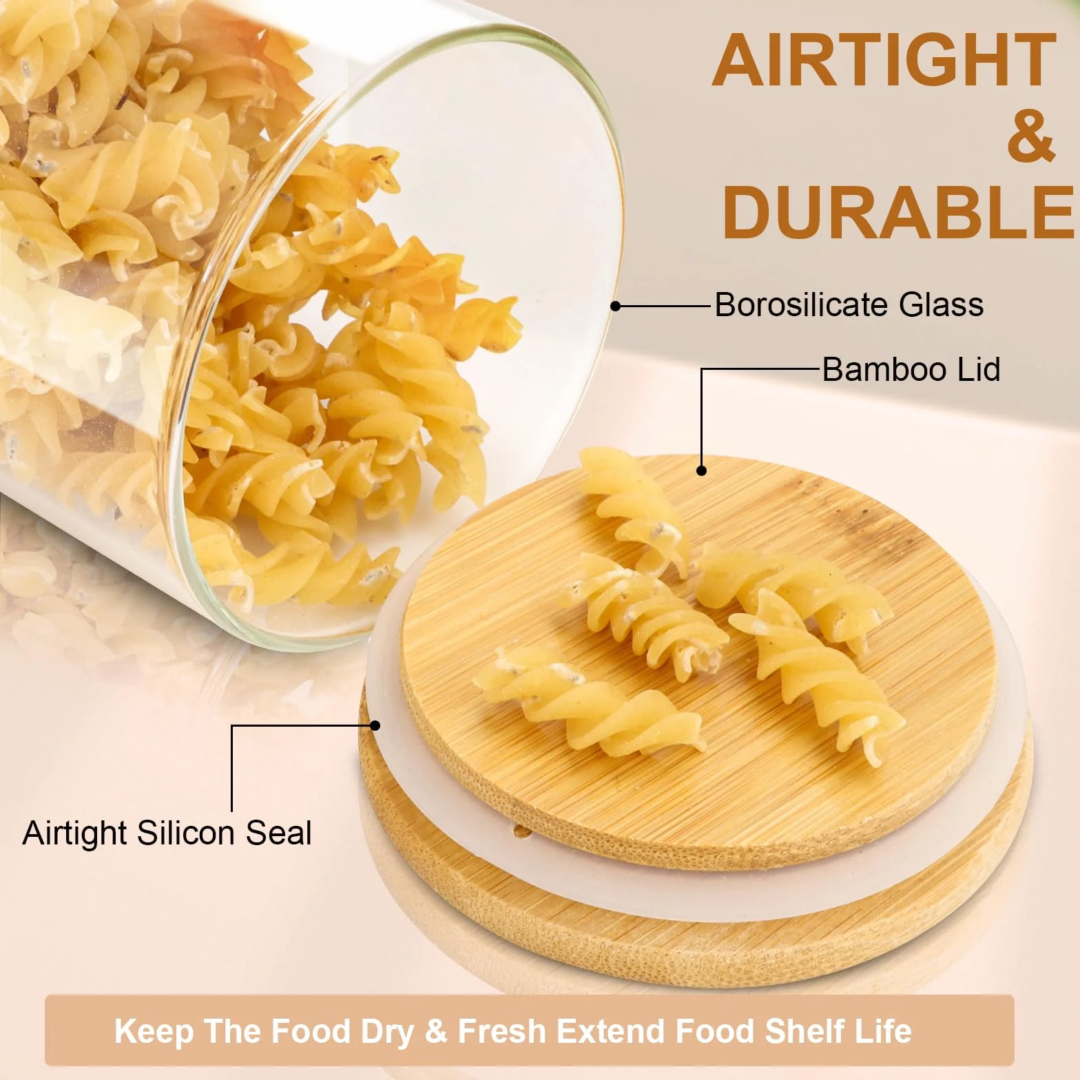 FoiiLiio Barattoli Vetro con Coperchio Set di 4 Barattolo Vetro con Coperchio in Bambù 1000ml, Ermetici, per Spezie, Noci, Cereali - Φ8.5x20cm