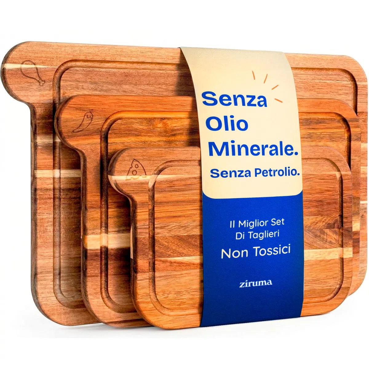 Taglieri Atossici – Set di Taglieri Privi di Olio Minerale, in Legno di Acacia FSC – Utensili da Cucina in Legno – Include 3 Pezzi. Di Ziruma
