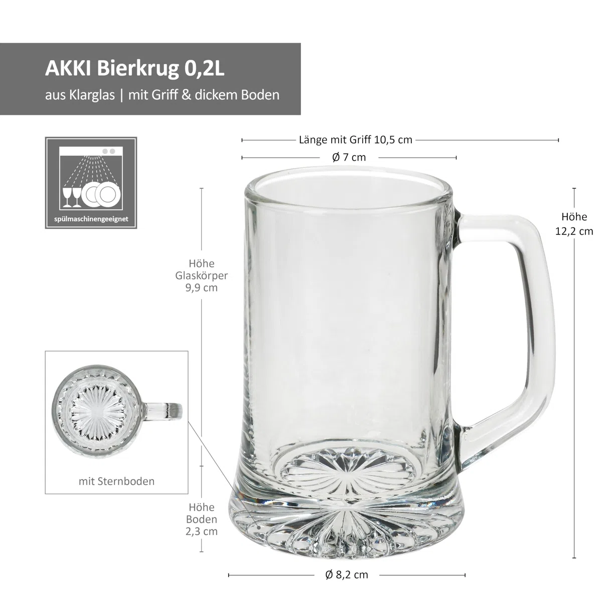 MamboCat Akki - Set di 6 boccali da birra da 0,2 l, altezza 12,2 cm, per 6 persone, in vetro con fondo a stella e manico, bicchieri da birra trasparenti da 200 ml, per feste