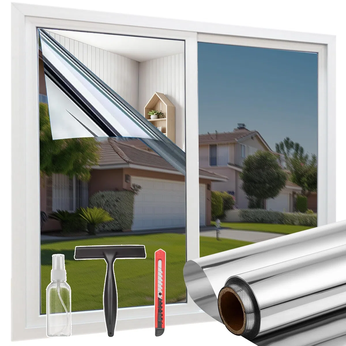 Pellicola a specchio per finestre protezione privacy 100x200cm – Pellicola per finestre autoadesiva per interni ed esterni, protezione dai raggi UV e dal calore, argento-specchio, ideale per