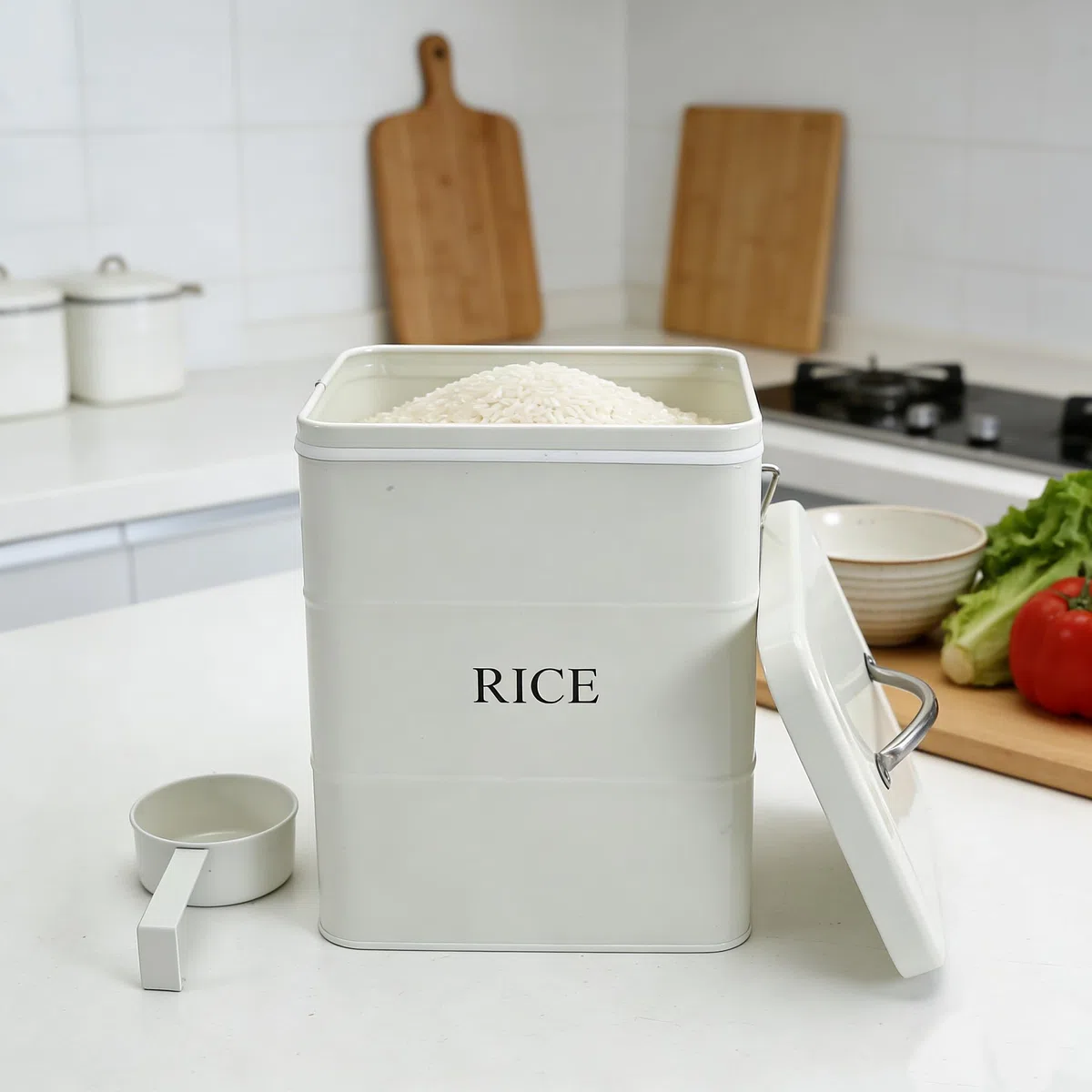 Contenitore per riso in metallo bianco, 4.5KG, con coperchio e manico, ermetico per riso, cereali, farina, contenitore per cibo secco, contenitore per animali domestici e alimenti