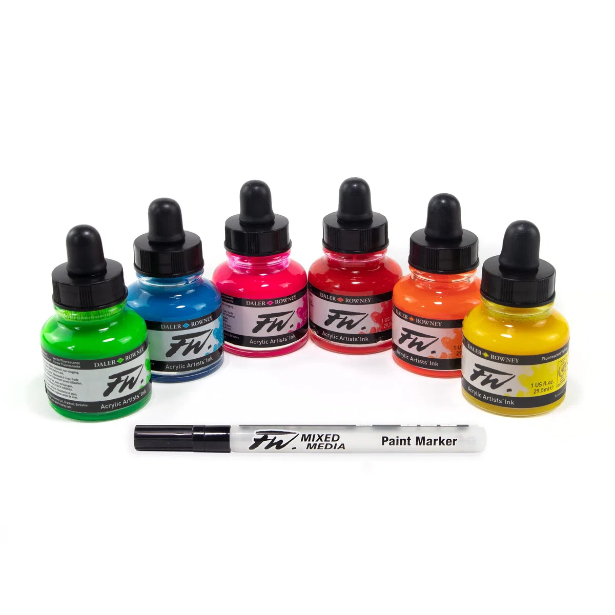 Daler Rowney FW, set di inchiostri acrilici florescenti 6 flaconi da 29,5 ml e 1 marcatore