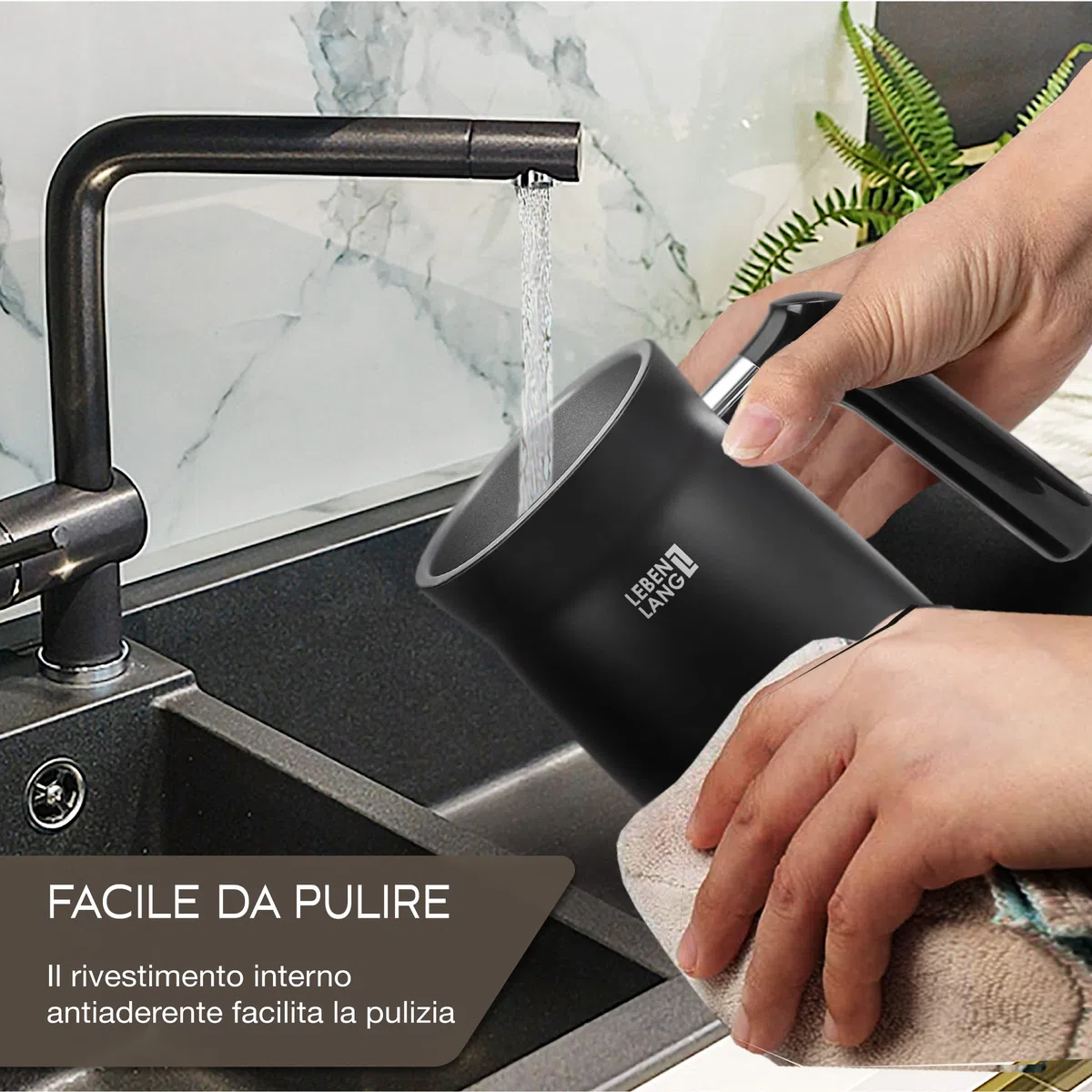 LEBENLANG Montalatte elettrico nero - Incl. frusta di ricambio + 4 modalità per un cappuccino perfetto - Montalatte elettrico - con Funzione Latte Caldo e Freddo - Montalatte elettrico cappuccino
