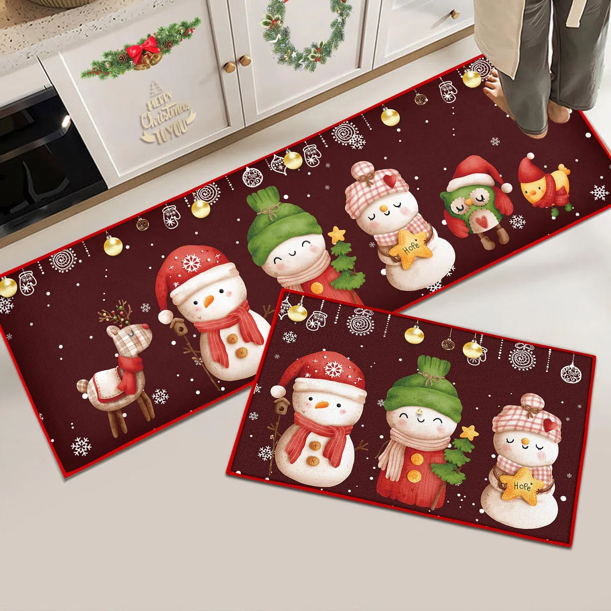 Set di 2 tappetini da cucina di Natale, tappeti natalizi lavabili antiscivolo per corridoio, soggiorno, cucina, Lavanderia (Natale Rosso G, 43x150 cm+43x75 cm)