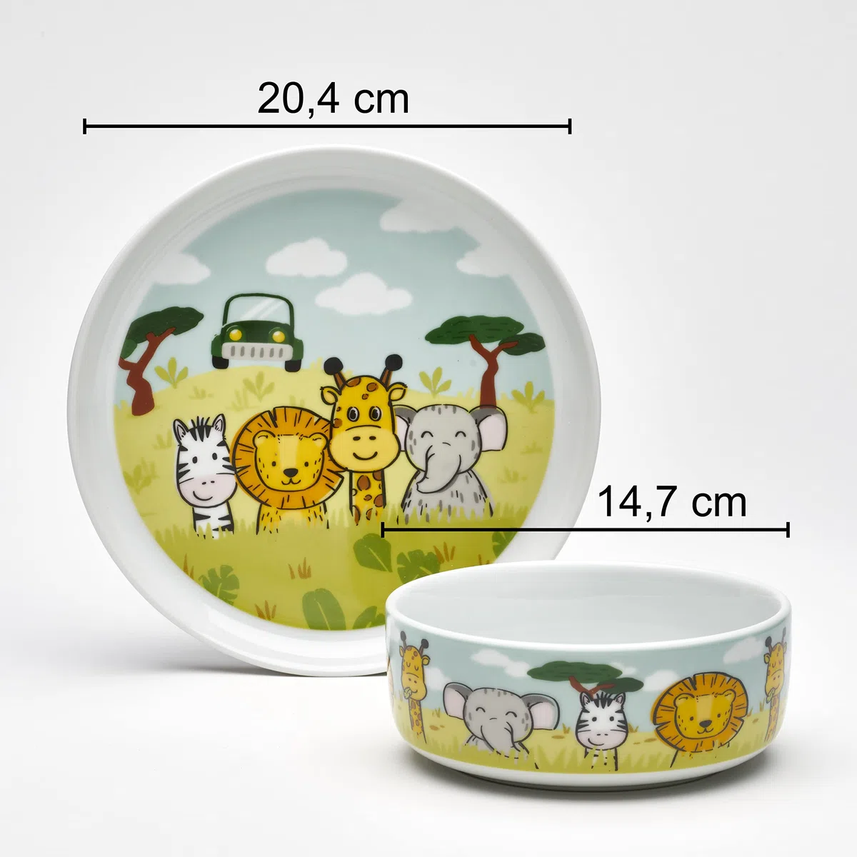 VAN WELL "Safari" - Servizio di stoviglie per bambini, 3 pezzi, in porcellana, motivo: animali, con bicchiere, ciotola e piatto, ideale come regalo