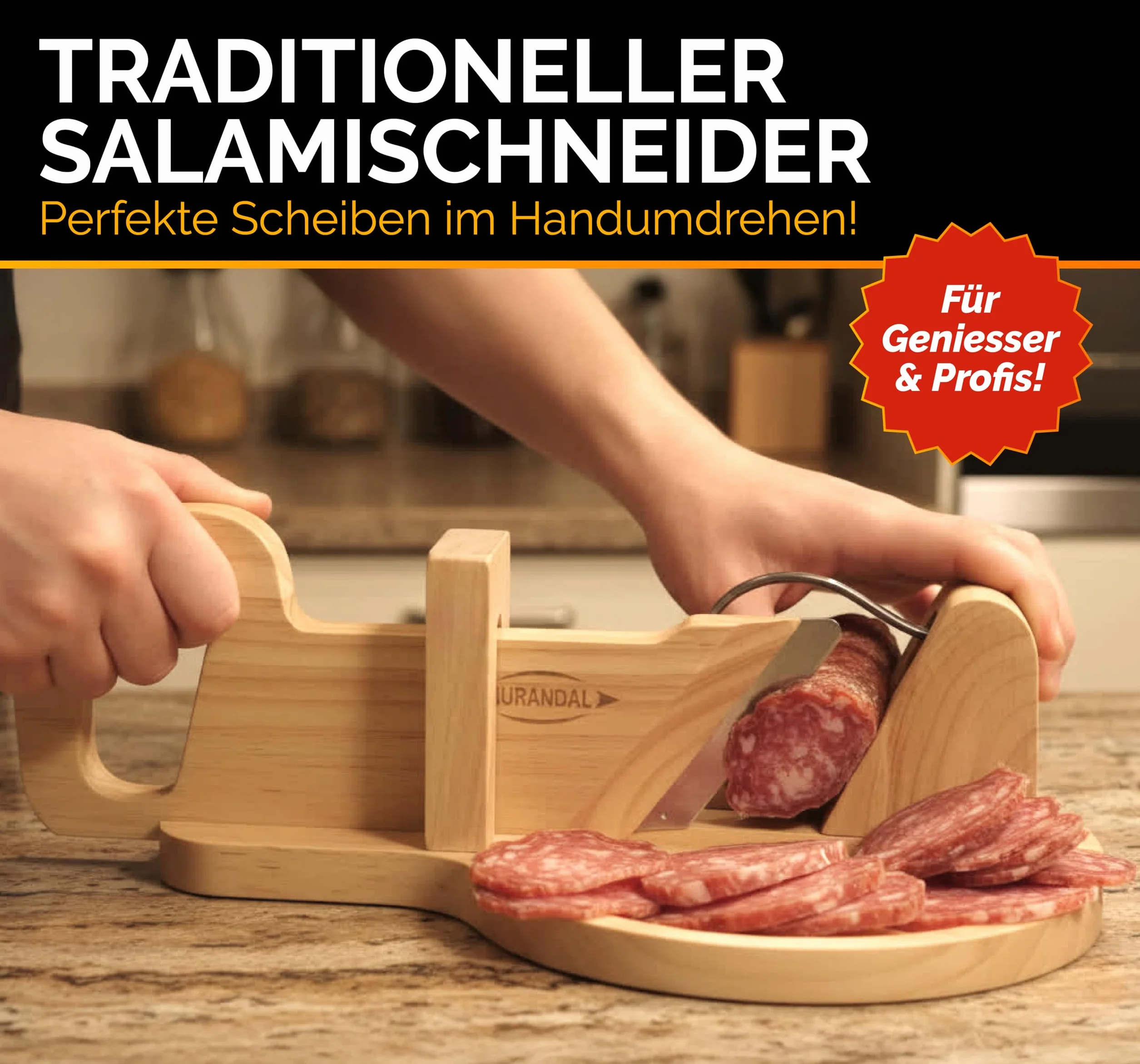 Durandal - Affettatrice manuale per carne con vassoio in legno, accessorio da cucina