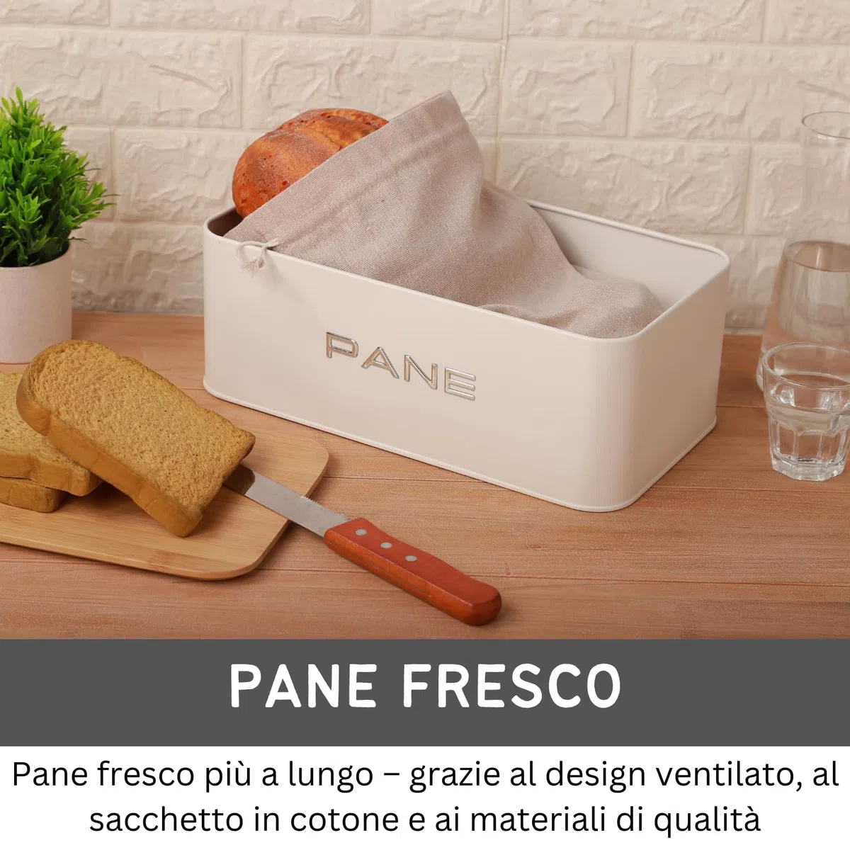 Porta pane da cucina con tapa in Bambù - Portapane moderno metallica con ventilazione, Contenitore Pane, Biscotti - Design Elegante, Include Sacchetto Cotone - 34x19x12.5 cm. - Bianco Opaco