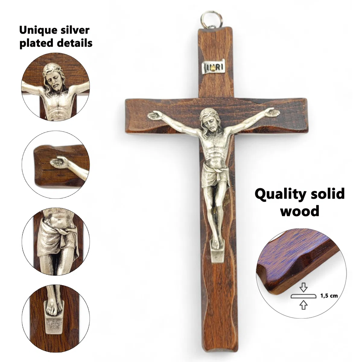 La Balestra Crocifisso da Parete - Artigianale Made in Italy Cristo e INRI Placcati Argento 999 - Crocifissi da Parete in Legno, Cura e Precisione dei dettagli di Gesù Crocifisso - 17 x 9.5cm